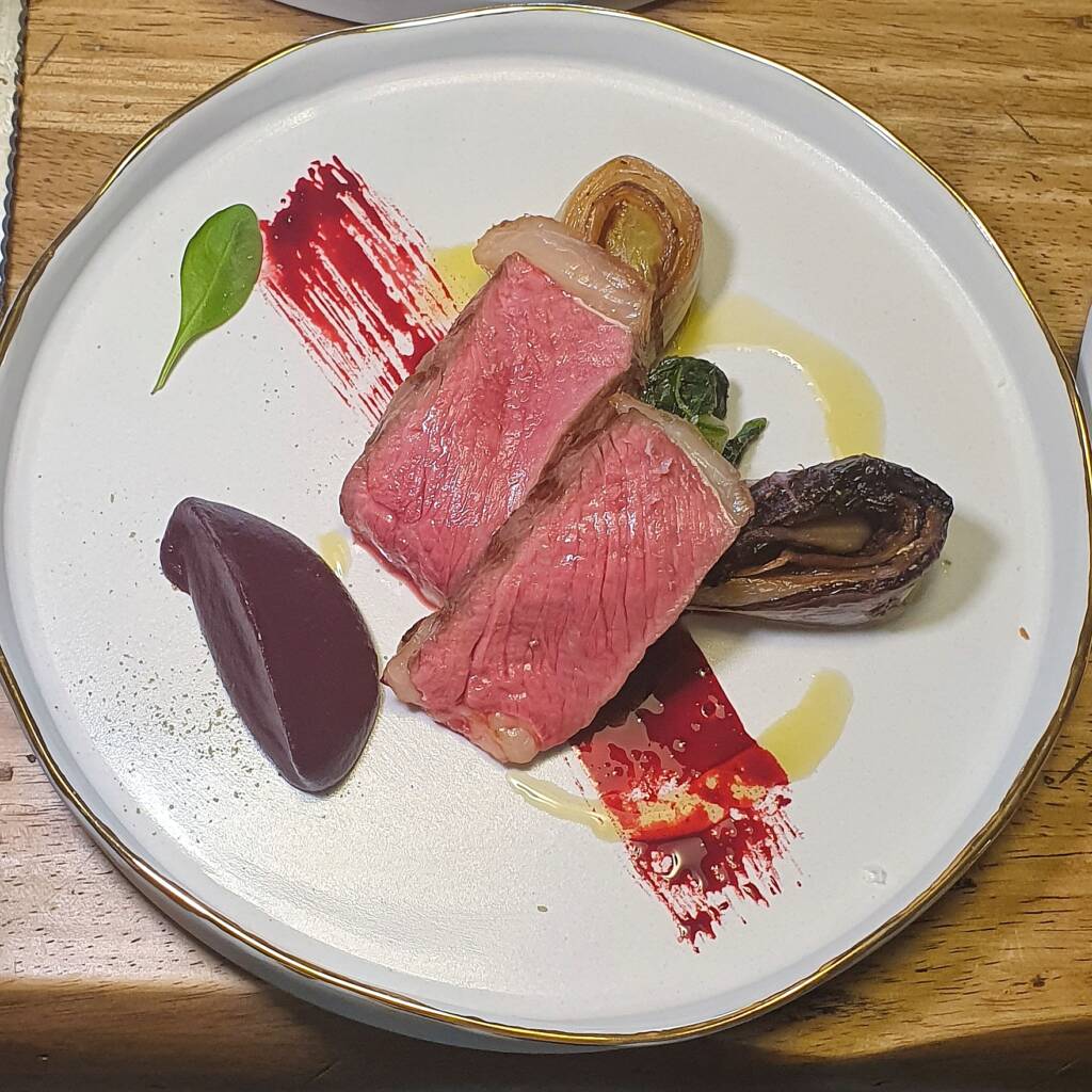 Grilled dry-aged ribeye steak with carrot purée, Percorso Italia menu, Oliveto Lario, Lake Como