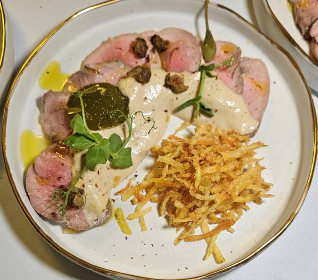 Pork tenderloin tonnato with capers trilogy and potato crisps, Percorso Lombardia menu, Barzio, Lake Como