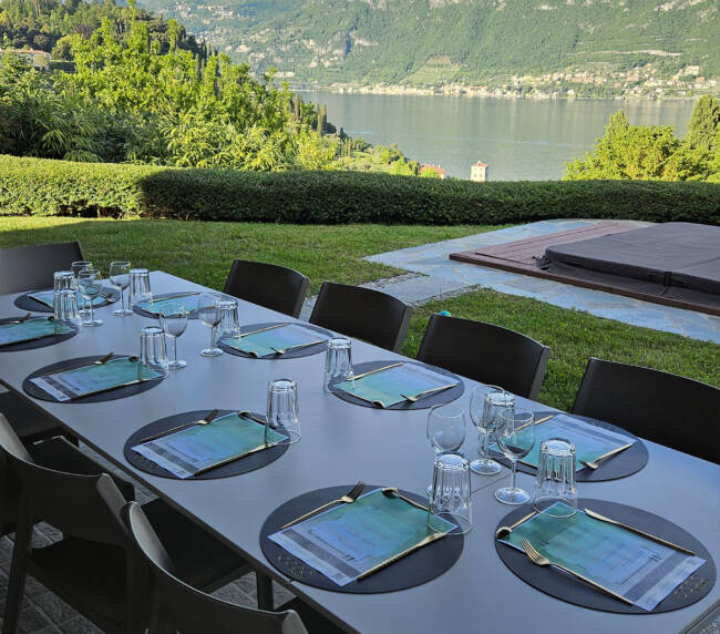 Family dinner table set by a private chef in a villa in Civenna, Lake Como