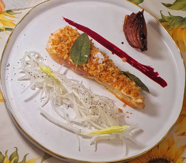 Pan-seared chicken breast with a light crispy breadcrumb topping, kids' menu option, Civenna, Lake Como