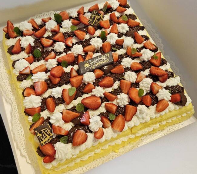 Japanese-style cheesecake with Nutella, mascarpone, and fresh strawberries, birthday cake in Colico, Lake Como