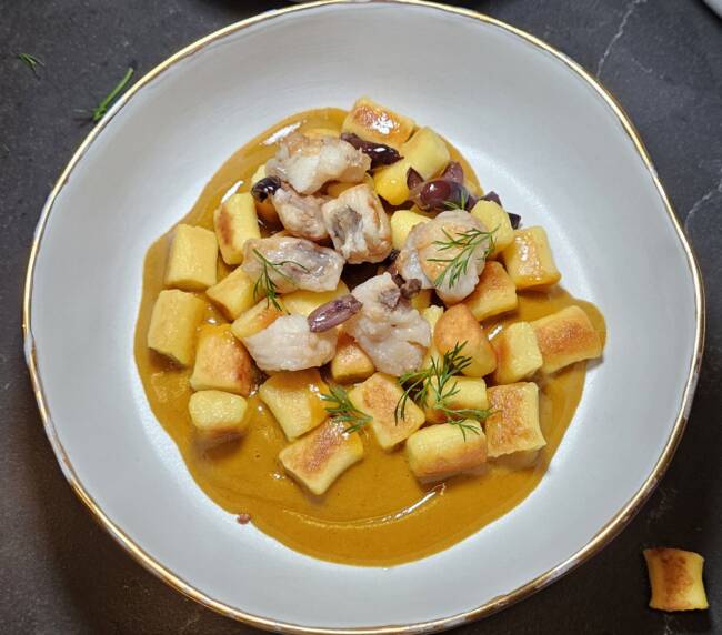 Gluten-free potato gnocchi with fish sauce, monkfish, and taggiasca olives, Molina, Lake Como