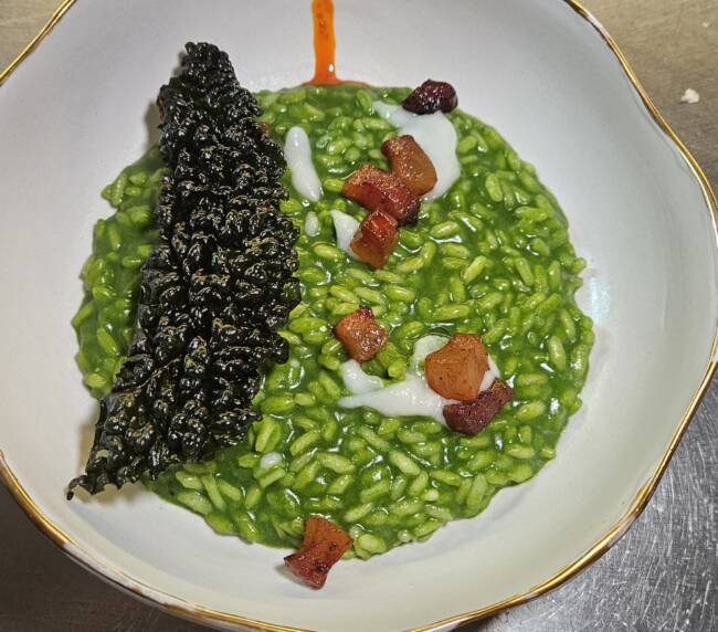 Tuscan kale risotto with aglione cream, Percorso Toscana menu, Torno, Lake Como