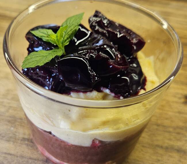 Zuppa inglese with chickpea cream and anise sour cherries, Percorso Toscana menu, Torno, Lake Como